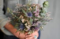 55 a textural wedding bouquet with waxflowers, thistles, greenery and some smaller blooms is a lovely idea for a relaxed wedding