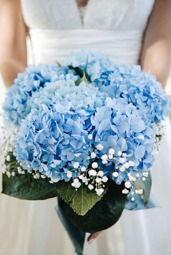 a blue wedding bouquet of hydrangeas, baby's breath and leaves is a cool way to make a statement with color