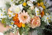 a bright wedding bouquet of blush gerberas and roses, white poppies and camomiles, greenery and fillers for spring or summer