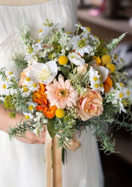 a bright wedding bouquet of blush gerberas and roses, white poppies and camomiles, greenery and fillers for spring or summer