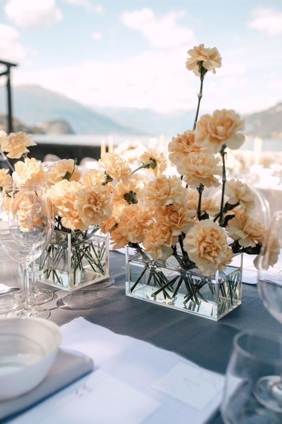 a gorgeous neutral carnation wedding centerpiece of clear glass boxes is a cool idea for a modern wedding