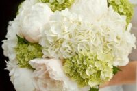a green and white hydrangea plus blush peonies wedding bouquet is a gorgeous idea for spring or summer