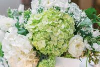 a lovely wedding centerpiece of green and white hydrangeas, white roses and candles is a cool idea for spring and summer