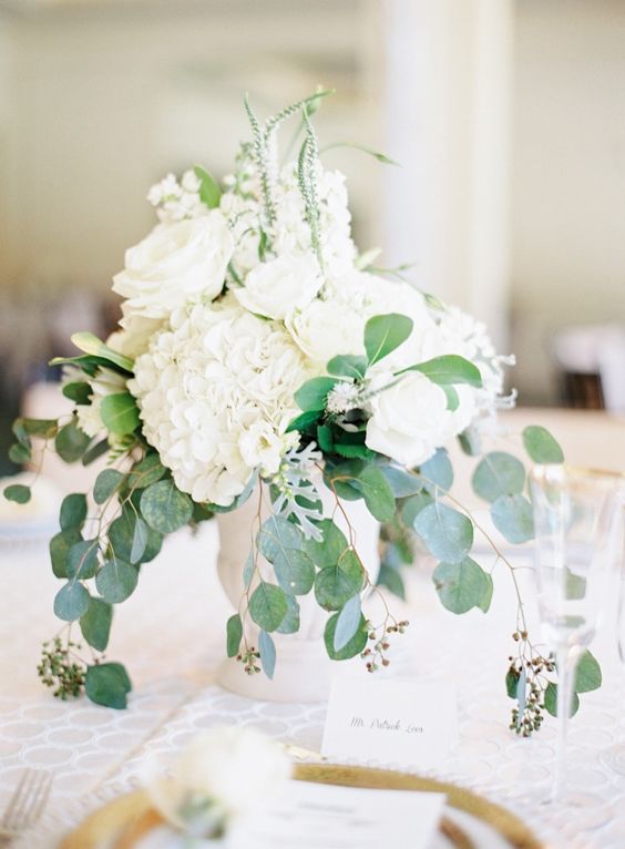 a lush white wedding centerpiece of roses, hydrangeas and astilbe and greenery for spring or summer