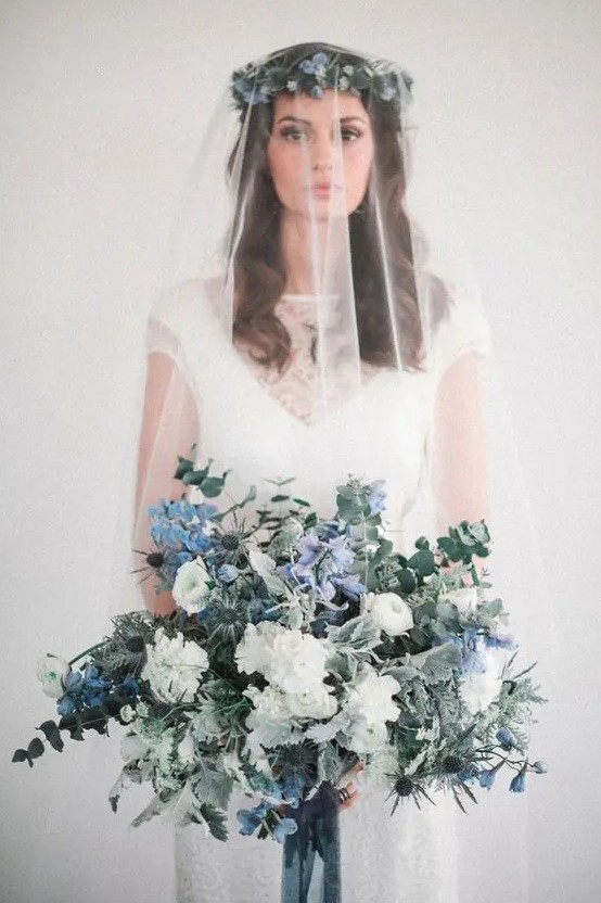 a nautical wedding bouquet done in white and blue, with thistles, roses, hydrangeas, eucalyptus is a very fresh idea