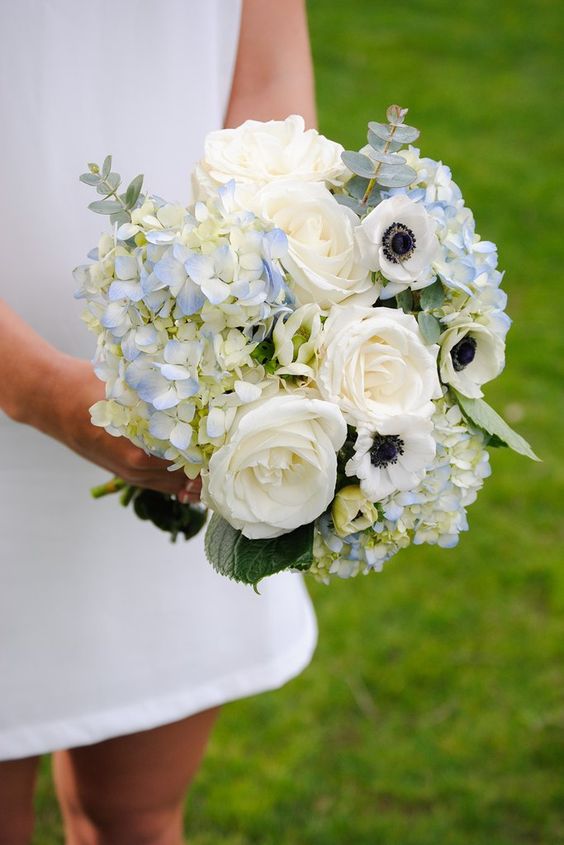 a spring or summer wedding bouquet of blue hydrangeas, white roses and anemones plus leaves is cool