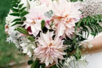 a subtle blush wedding bouquet of dahlias, some white fillers and greenery is a gorgeous idea for spring or summer