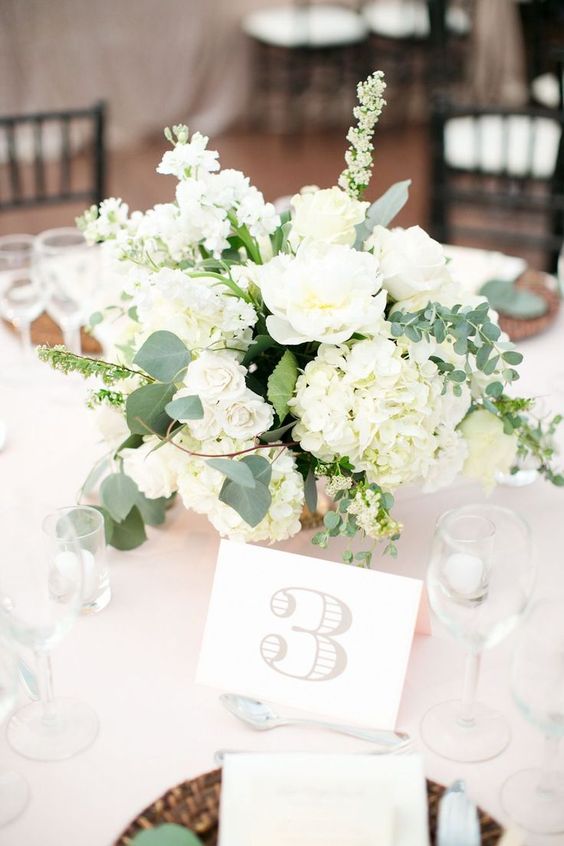 a textural white wedding centerpiece of roses, hydrangeas, greenery and some fillers is a very cool and lovely idea