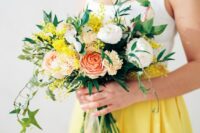 04 a bright spring wedding bouquet of white, coral and blush blooms, greenery and mimosa is a lovely idea for a spring wedding