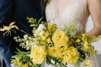 08 a chic yellow wedding bouquet of various blooms including mimosa as a filler is amazing for spring and summer