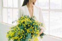 12 a lush cascading mimosa wedding bouquet with greenery is amazing for a spring or summer wedding, it looks wow