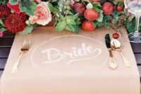 13 a bold wedding centerpiece of blush, burgundy blooms, greenery, berries and apples is a fantastic idea for a bright fall wedding