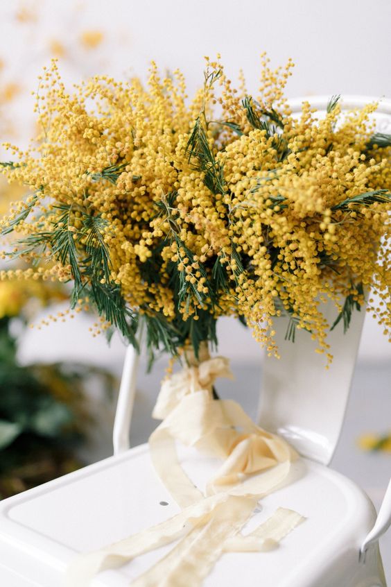 a lush mimosa wedding bouquet is a lovely idea for a spring bride, and mono flower bouquets are on top right now