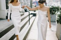 15 modern wedding dresses – a slip midi wedding gown and a midi dress with a catchy geometric neckline are amazing