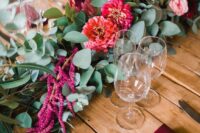 19 a chic wedding table runner of greenery, pink roses and mumes, amaranthus, king proteas instead of a centerpiece