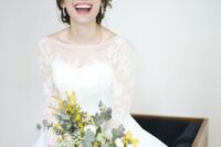 19 a pretty spring wedding bouquet of white blooms, leaves, mimosa is a cool idea for a bright or yellow-infused wedding