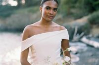 22 a modern off the shoulder plain wedding dress with an asymmetrical neckline is a lovely idea for a modern or minimalist bride