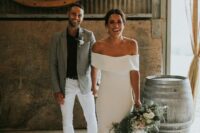 25 a modern plain off the shoulder mermaid wedding dress with a pleated skirt and a train is a fantastic idea for a modern wedding