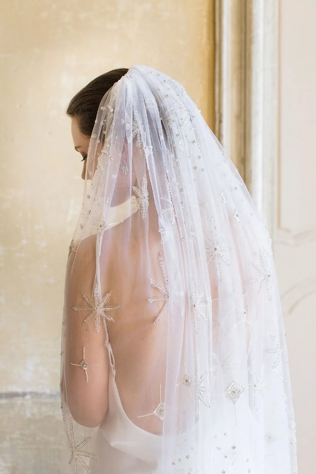 a beautiful and shiny embroidered veil with stars is a lovely idea for a modern celestial bride, it looks heavenly