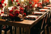 33 a sophisticated wedding ablescape with red and blush roses, blush candles, black placemats and red napkins is amazing for a Halloween wedding