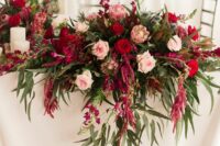 46 a bold wedding centerpiece of blush and red roses, king proteas, greenery and amaranthus is a lovely idea for the fall