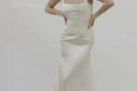 46 a chic silk wedding dress with a square neckline and straps plus a sheer turtleneck as a dress topper for a 90s inspired bridal look