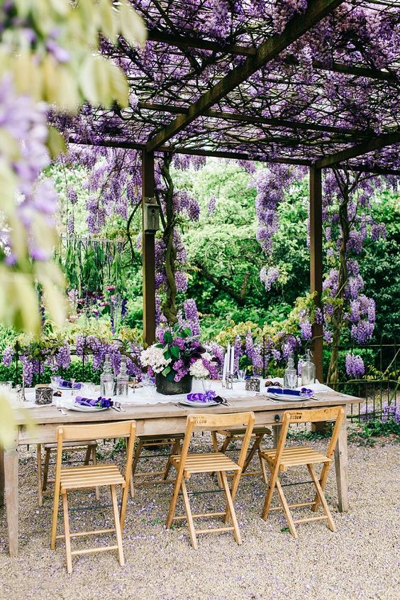 a romantic and relaxed outdoor wedding reception space with wisteria all over, with wooden furniture, wisteria and lilac on the table