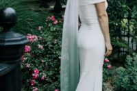 55 a modern plain off the shoulder mermaid wedding dress plus an ombre white to green veil for a touch of color and a modern twist