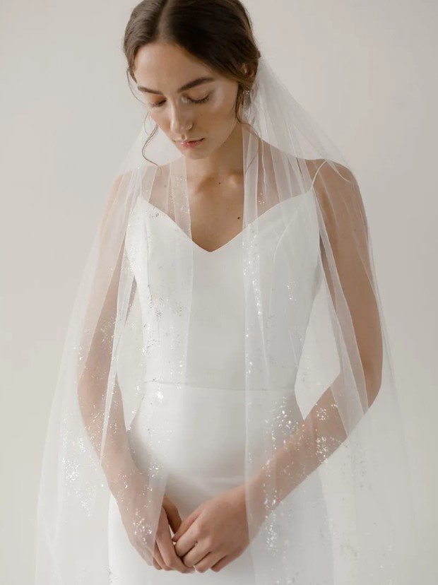 a modern wedding dress paired with a delicate silver flake veil create a stylish modern bridal look with a shiny touch