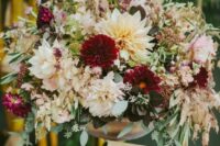 77 a super lush wedding arrangement of neutral and burgundy blooms, eucalyptus and some foliage for a summer or fall wedding
