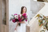 a bold wedding bouquet of bougainvillea nd white poenies plus greenery is a fantastic idea for a wedding
