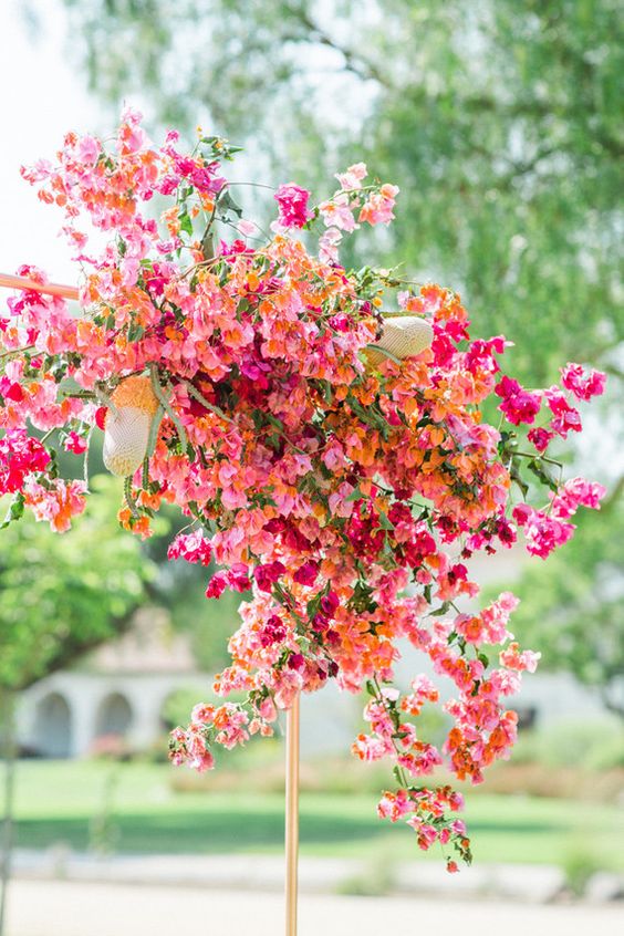 a colorful wedding arch with bougainvillea is a summer wedding solution you may enjoy