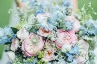 a lovely pink and blue wedding bouquet with peony roses and sweet peas is a gorgeous idea for spring or summer