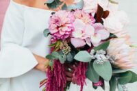 a pink wedding bouquet of roses, orchids, mums, greenery and amaranthus is an amazing idea for a wedding