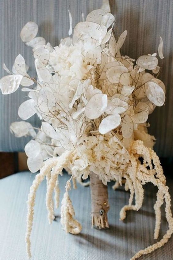 a unique wedding bouquet of lunaria and amaranthus in neutrals is a lovely and catchy idea for a boho bride