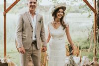 10 a greige plaid pantsuit, a white shirt, brown shoes are a lovely combo for a boho wedding, this is a relaxed and cool look