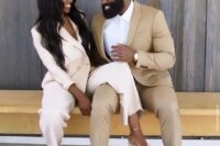 13 a minimalist groom’s look with a tan pantsuit, a white shirt and white sneakers is pure perfect for a minimalist wedding