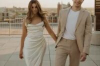 15 a minimalist groom’s look with a tan pantsuit, a white t-shirt and white sneakers is a timeless idea for a spring or summer wedding