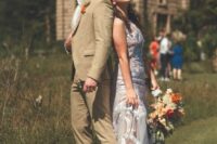 32 a tan pantsuit, a white shirt, a white bow tie, black sneakers for a fun and cool groom’s look with a modern feel