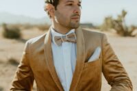 43 a beige velvet blazer, a tan bow tie and a white shirt are a cool look for a boho wedding in summer or fall