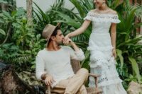 49 a super relaxed groom’s look with a linen long sleeve top, tan pants, brown shoes and a tan hat is a great idea for a tropical wedding