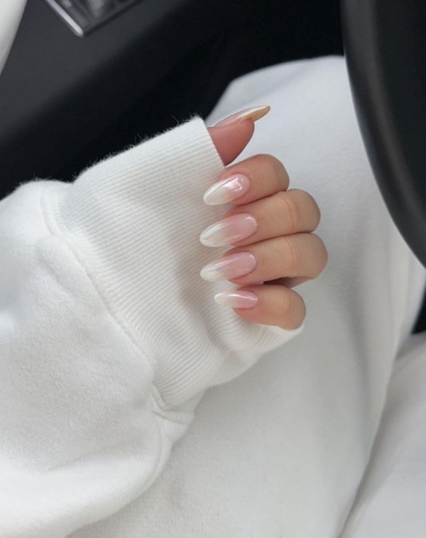 a beautiful glazed donut manicure, long and of a soft oval shape, is a cool and lovely idea that will fit most of bridal looks