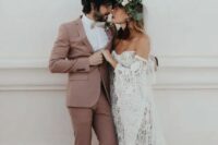 a chic mauve wedding suit, a white shirt, a creamy bow tie, shabby brown shoes for a textural touch