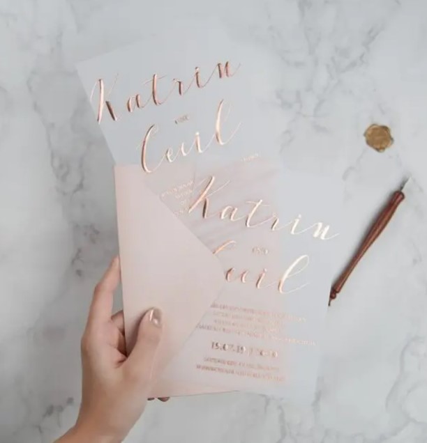 a chic modern wedding invitation suite with vellum and copper foil calligraphy plus a blush envelope is a lovely idea