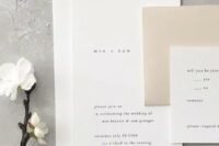 a lovely neutral wedding invitation suite in white and tan, with modern lettering and of simple shapes is a cool idea for a minimalist wedding