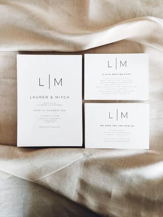 a modern to minimalist wedding invitation suite in white, with black lettering and nothing else - who needs more than that
