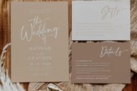 a neutral wedding invitation suite with a white, beige and taupe card and calligraphy is amazing for a modern wedding