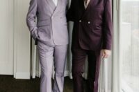 a purple suit with a blush shirt, a lilac suit with a white one are a cool combo for a wedding