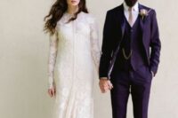 a sophisticated groom’s outfit with a deep purple three-piece pantsuit, a white shirt, a blush tie and a boutonniere