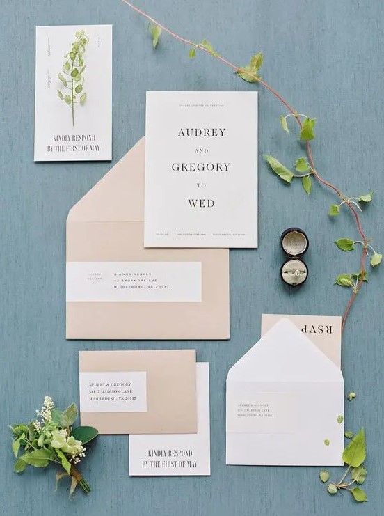 blush and white wedding stationery with black letters for a modern spring wedding